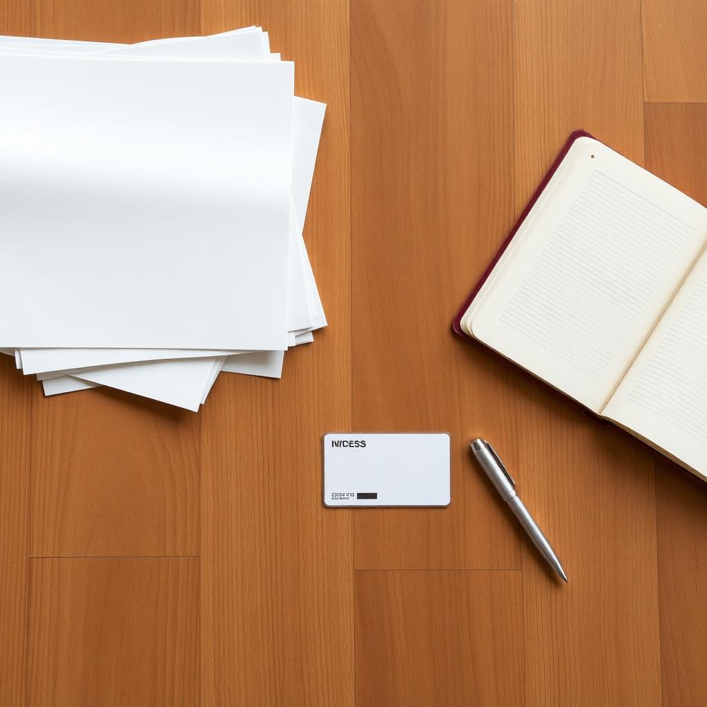 Mesa com documentos, carteira de trabalho, caderno e caneta