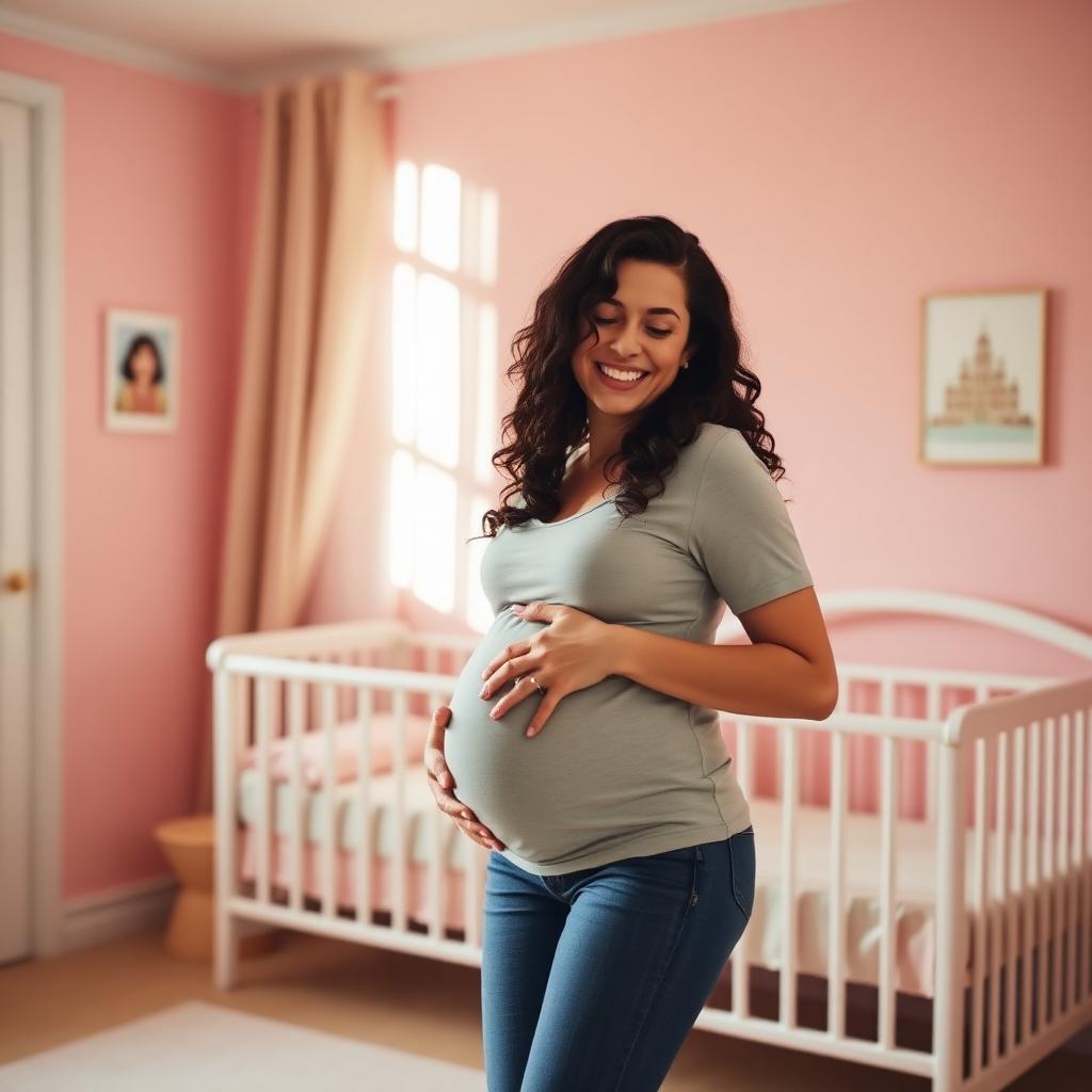 Mulher gestante feliz segurando a barriga em um quarto de bebê iluminado